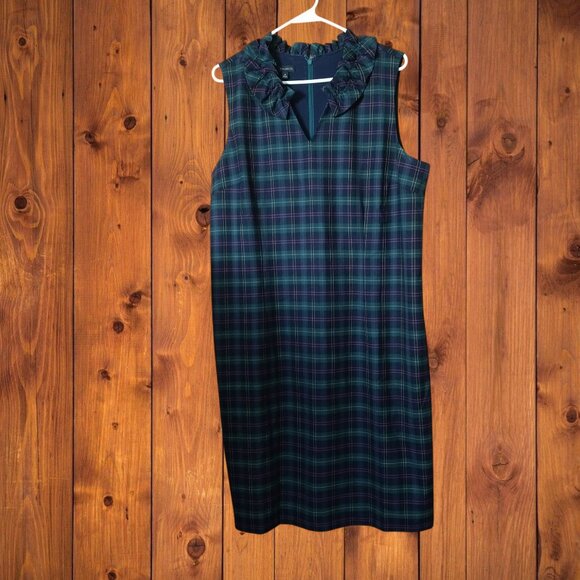 TALBOTS Women's Size 16  Green Tartan Plaid Ruffled Wool Blend Sleeveless Dress - Picture 1 of 8
